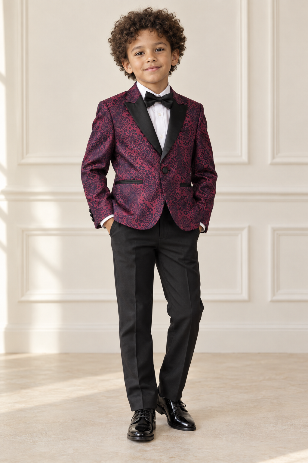 Mixed-race boy wearing burgundy patterned formal suit, front view